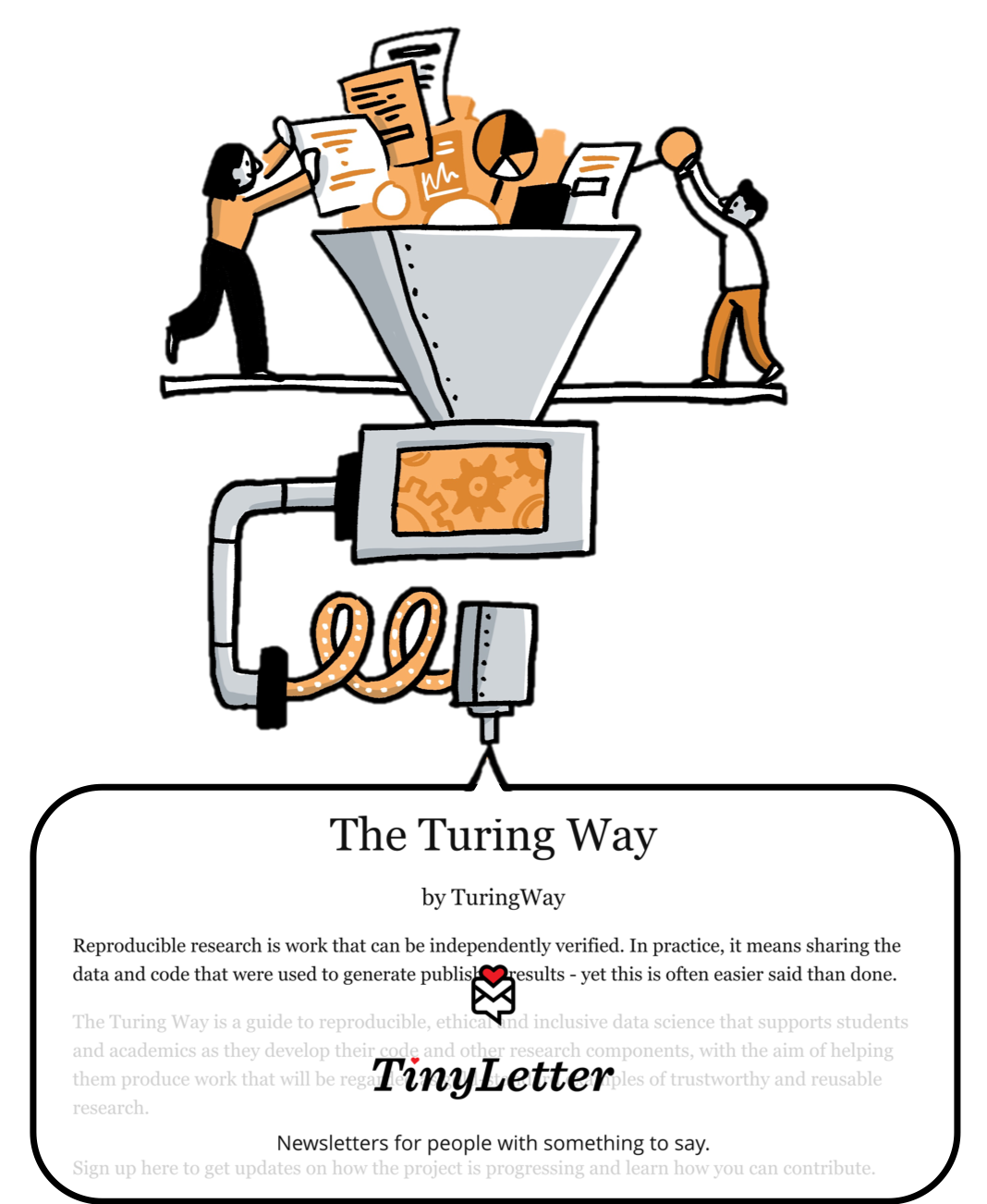 two people collecting information and pushing it through a device that produces a newsletter